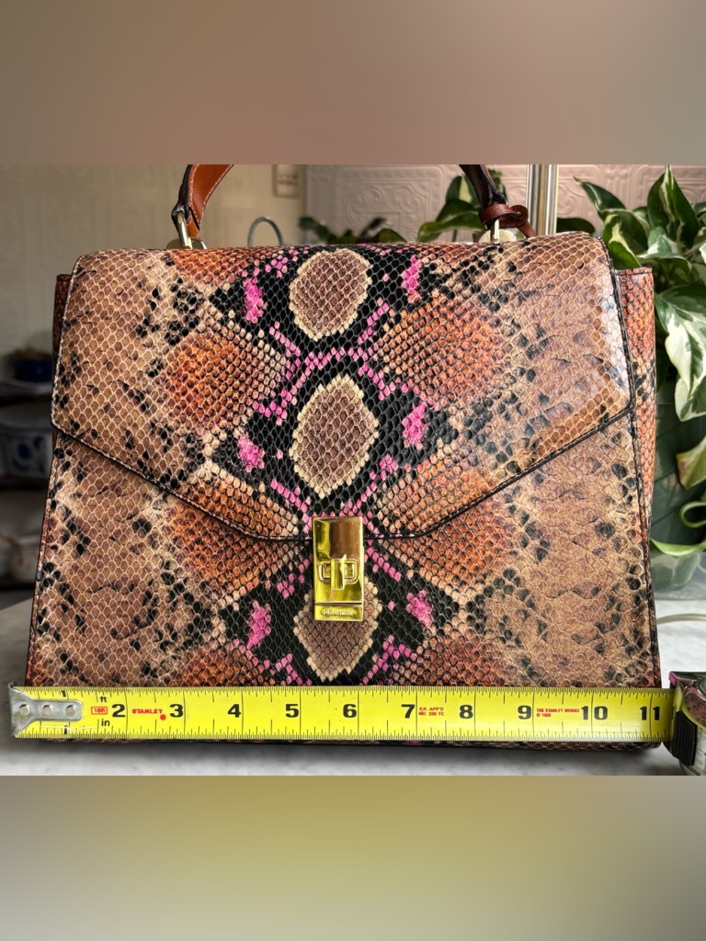 Brahmin Brown & Pink Python-Embossed Satchel with Gold Hardware - Picture 7 of 9
